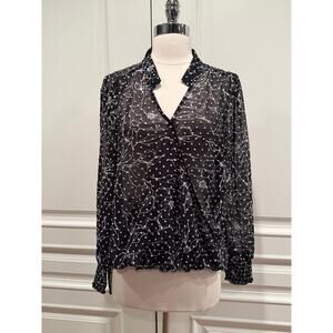 Bobeau Black And White Sheer Blouse v-neck wrap Hi-Low size M A541
